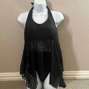 Black flyaway halter tankini set